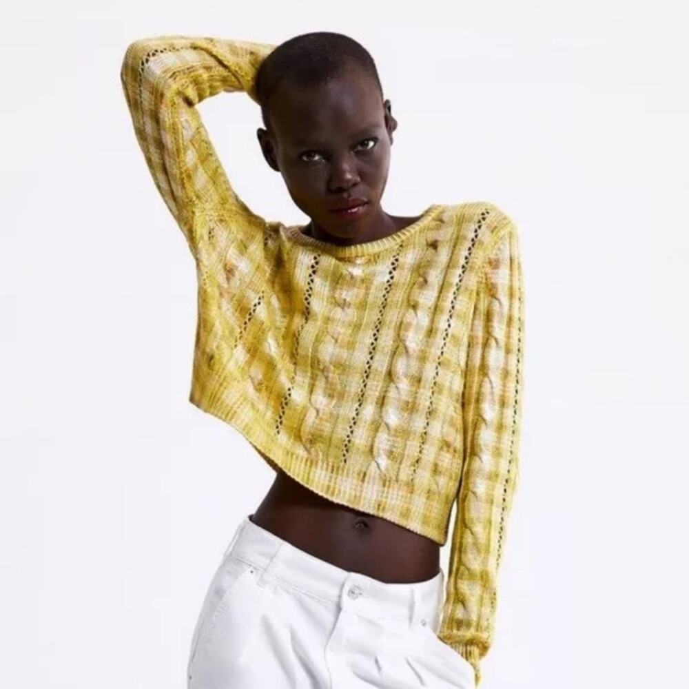 Zara Yellow Metallic Effect Plaid Cable Knit Cropped Sweater Small